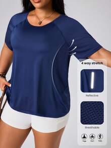 Easithlete Plus Size Women's Solid Color Round Neck Raglan Short Sleeve Sports T-Shirt - Navy Blue - View 2