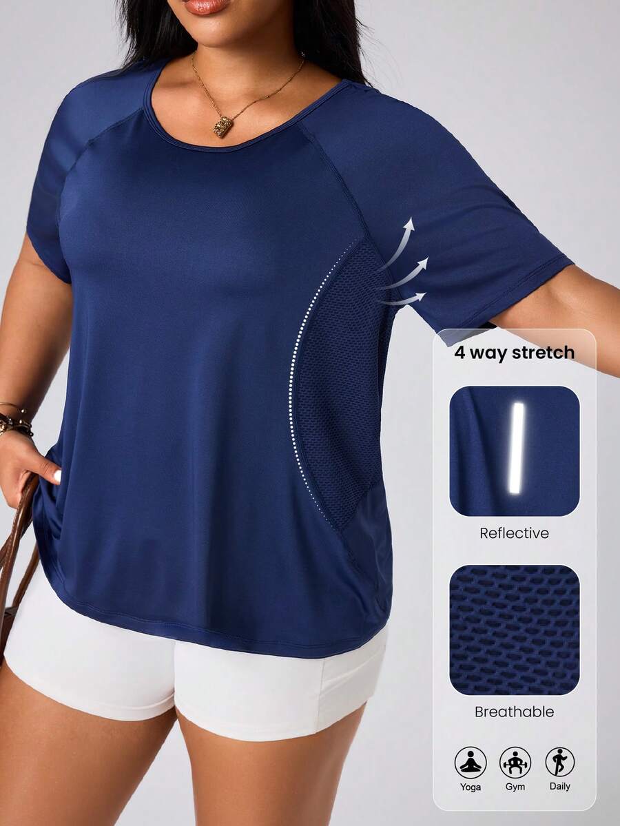 Easithlete Plus Size Women's Solid Color Round Neck Raglan Short Sleeve Sports T-Shirt