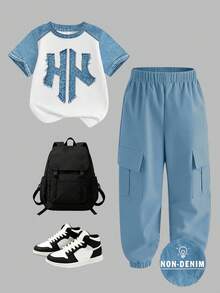 SHEIN 1 Set Minimalist Short Sleeve T-Shirt And Cargo Pants, Suitable For Little Boys Spring Summer Autumn Wear, Simple Casual Daily Style - Multicolor - View 4