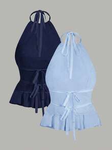 Comfortcana Women's Sexy Solid Color Ruched Backless Camisole 2-Piece Set, Summer Top - Multicolor - View 2