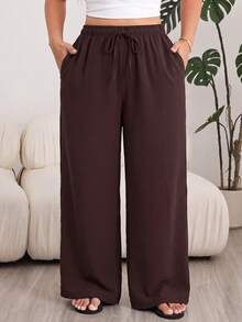 Solflare Plus Size Solid Color Casual Drawstring Waist Pocket Loose Long Pants - Coffee Brown - View 7