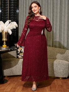 Reflora Plus Size Women's Lace Patchwork Rhinestone Decor Elegant Waist-Cinching Party Dress Fall - Burgundy - View 4