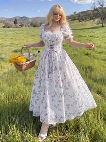 Lyrianda Sweet Romantic Vacation Plus Size Ditsy Floral Short Sleeve Cinched Waist Maxi Dress - Mauve Purple - View 7
