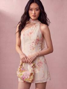 Willow Rêve Women's Pink Floral Halter Neck Scarf One-Shoulder Mini Dress, Romantic Elegant Wedding Style, Boho Style, Summer Garden Party Brunch - Beige - View 1