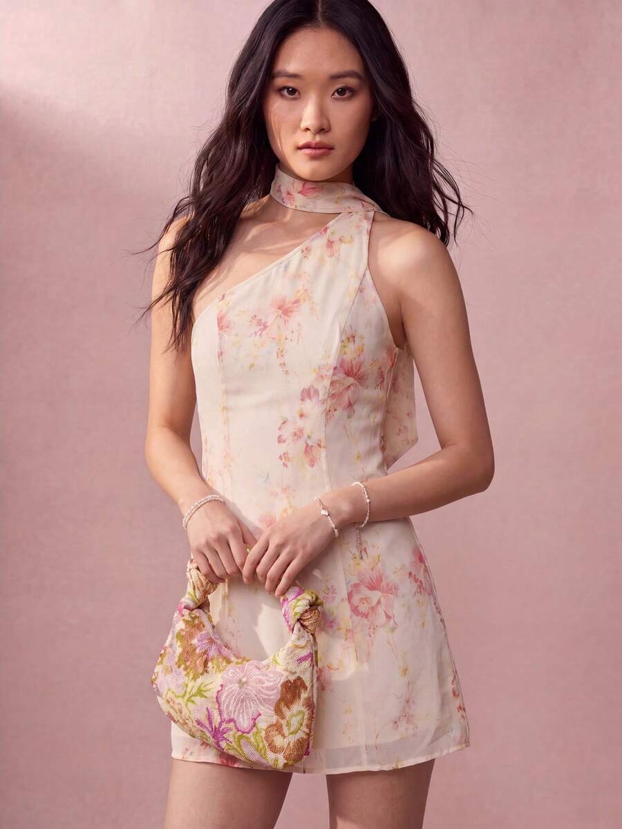 Willow Rêve Women's Pink Floral Halter Neck Scarf One-Shoulder Mini Dress, Romantic Elegant Wedding Style, Boho Style, Summer Garden Party Brunch - Beige - View 1