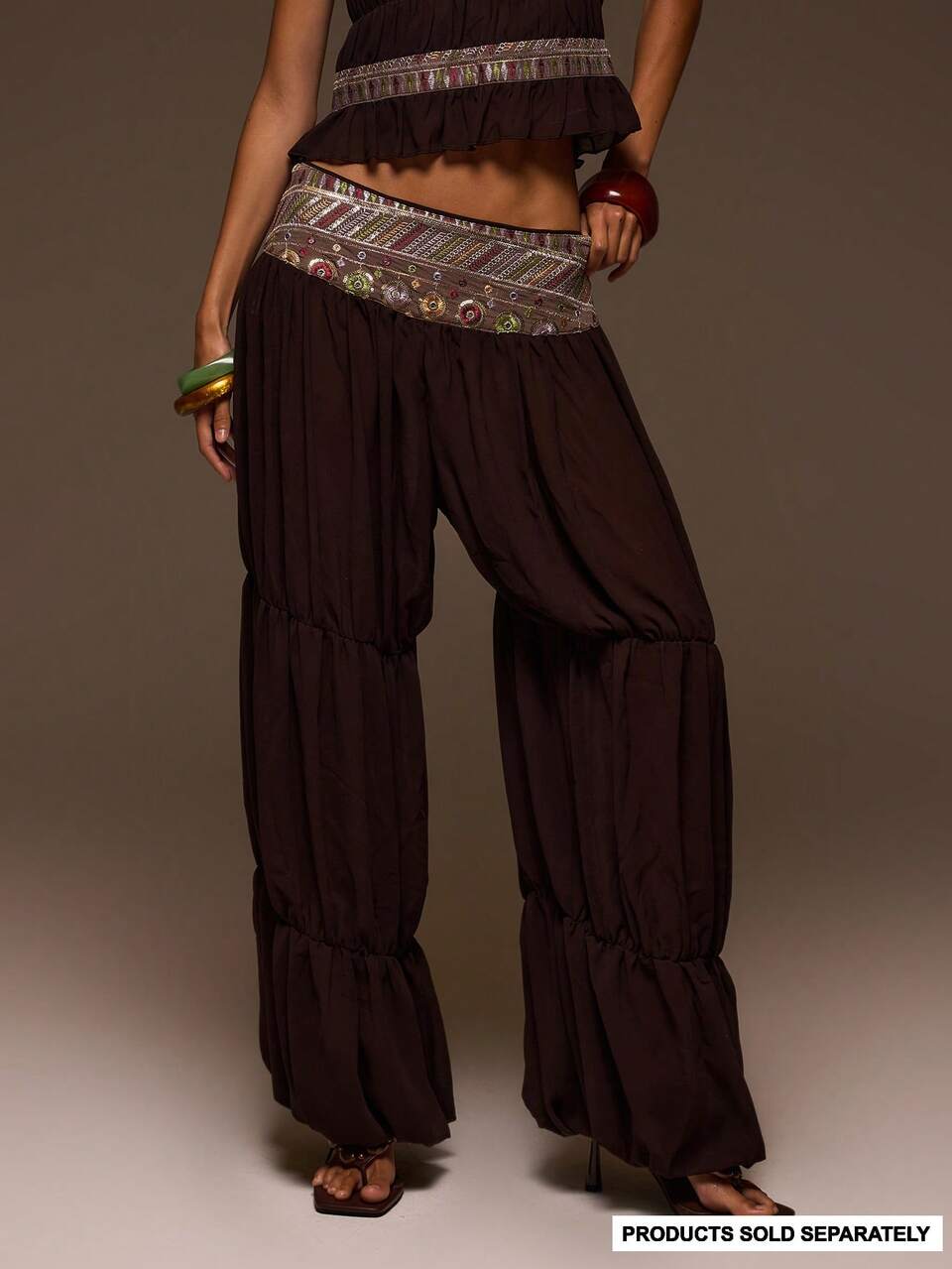 Black Chiffon Balloon Gathered Trim Detail Pants