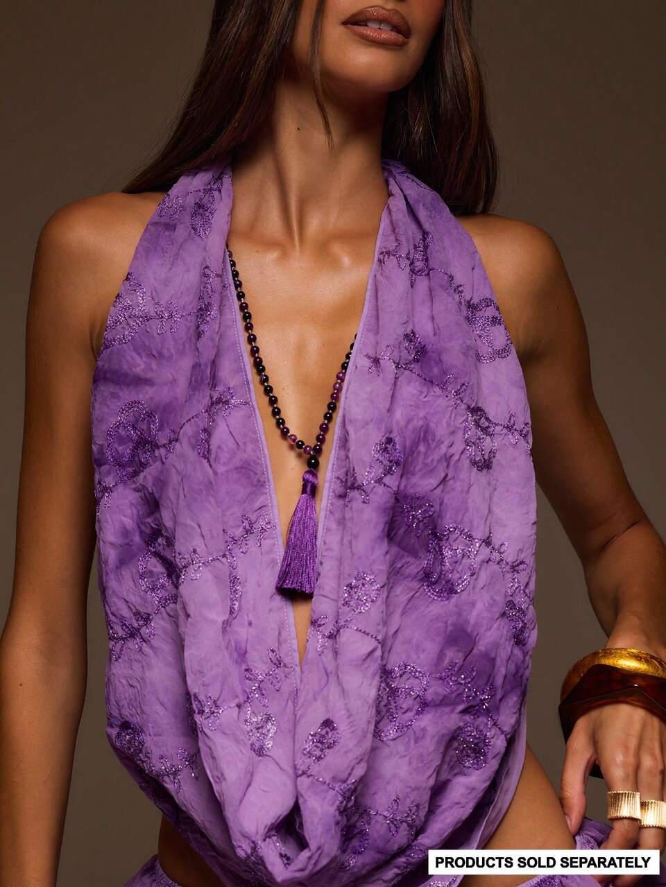 Purple Embellished Cowl Neck Tie Back Top
