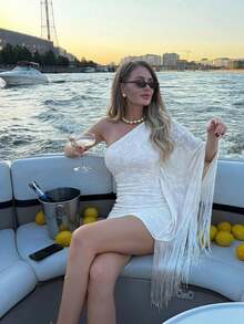 Lumalex 夏季流蘇不對稱提花布料緊身迷你洋裝 女款 派對之夜至晚宴百搭款 靜奢風 白色優雅 - 杏色 - 查看 9