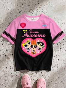 THE POWERPUFF GIRLS X SHEIN GraphicGems Young Girl Heart Cartoon Color-Block Pattern Short Sleeve Soft Versatile Casual Summer T-Shirt - Pink - View 4