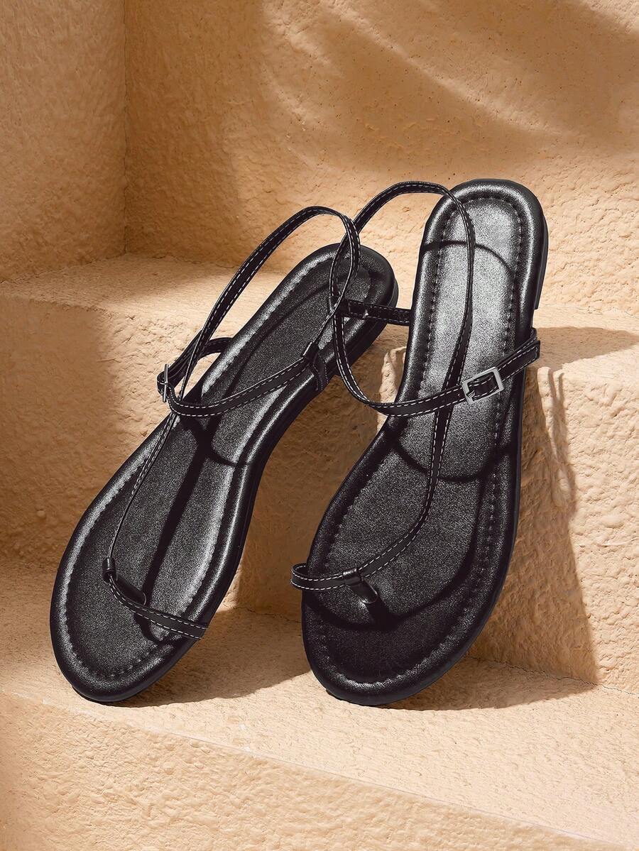 HighSole 女款春夏戶外舒適裸色綁帶休閒平底黑色涼鞋,度假沙灘穿搭 - 黑色 - 查看 1