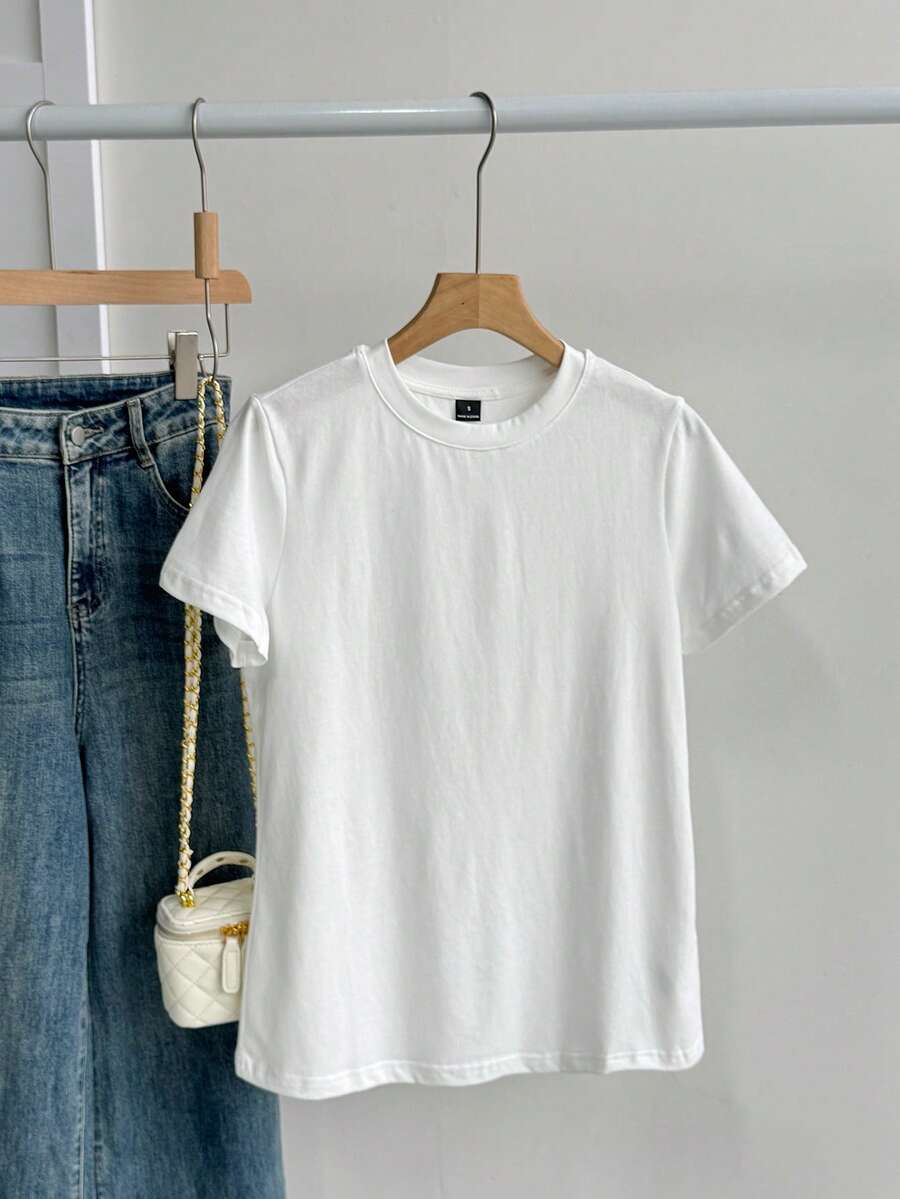 SHEIN BASICS 運動純色圓領短袖T恤夏季女款短版上衣女上衣白色上衣 - 白色 - 查看 1