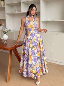 Modelyn Women's Elegant Drape Neck Floral Print Romantic Vacation Style Sleeveless Dress, Summer - Multicolor - View 5