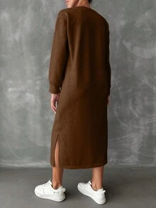 Cloudara Women's Solid Color Side Slit Sweatshirt Dress - Brown - View 2