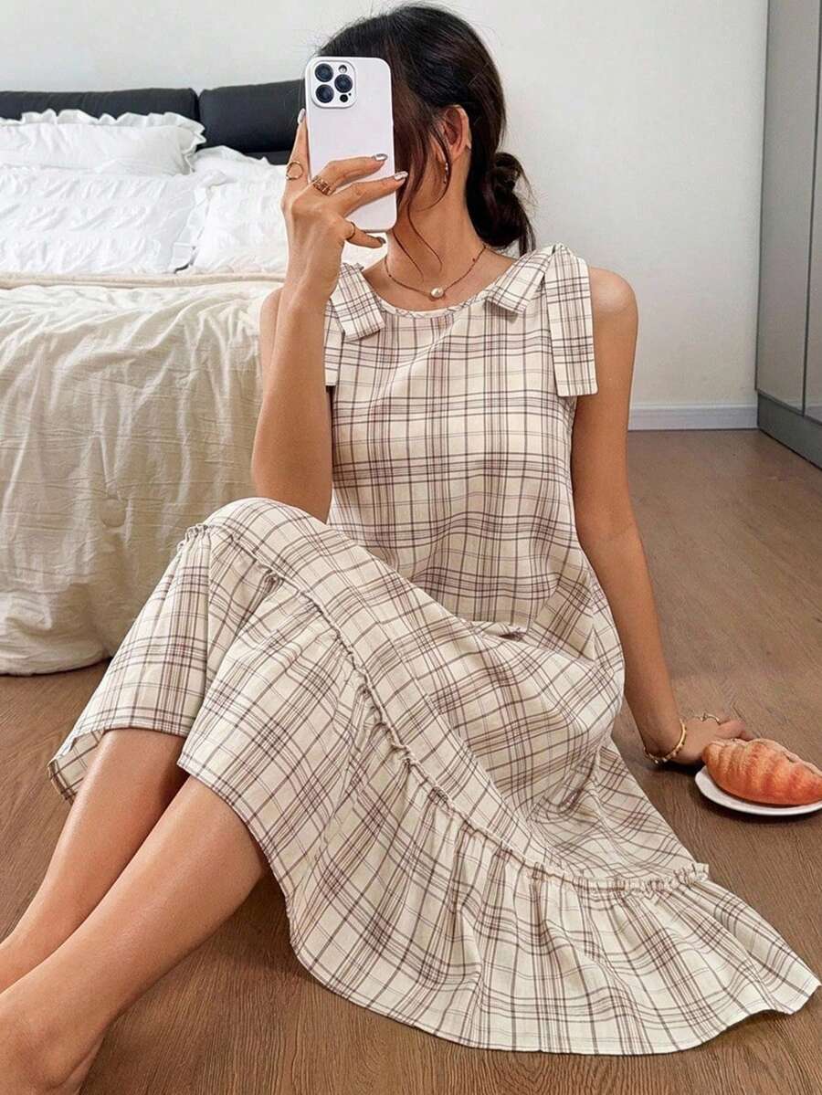 DAZY 格紋無袖綁帶荷葉邊長款睡裙 夏季女款居家休閒連身裙 - 杏色 - 查看 1