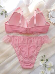 DelicateAllure 2pcs Pink Underwire Molded Cup High Support High Coverage Kawaii Cute Coquette Babydoll Comforty Balconette Ruffle Lace Romantic Sweet Plus Size Lingerie Set - Berwarna merah muda - View 2