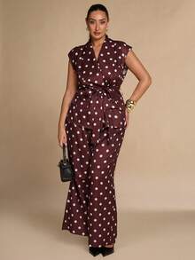 SHEIN BAE CURVE Plus Size Women's Business Polka Dot Tie-Up Jacket And Loose Long Pants Suit Set - Multicolor - View 7