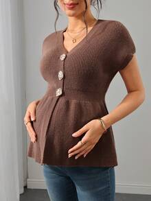 Momance Maternity Sweater Vest, Fitted V-Neck With Metal Button Design, Solid Color Knit, Casual Everyday Wear, Versatile Outerwear Winter - Brown - View 5