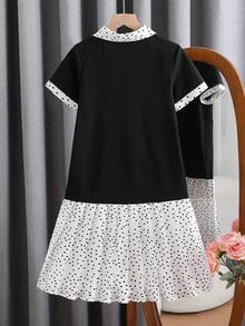 1件女童夏季黑白簡約波點拼接領短袖百褶洋裝，適合上學、通勤、外出、生日派對、購物、旅行 - 黑色 - 查看 2