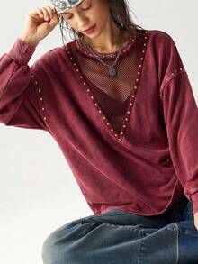 Bohemela Casual Grunge Solid Color Knit Round Neck Long Sleeve Loose Washed Women's Sweatshirt Concert Burgundy Autumn - Burgundy - View 8