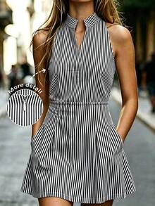 Trelyra 新款女款休閒口袋修身腰線黑白條紋無袖立領襯衫洋裝 - 黑與白 - 查看 3