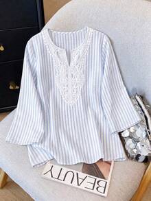 Rusticease Middle-Aged Women Striped Lace Patchwork Blouse Casual Elegant Formal Cocktail White Autumn - Multicolor - View 5