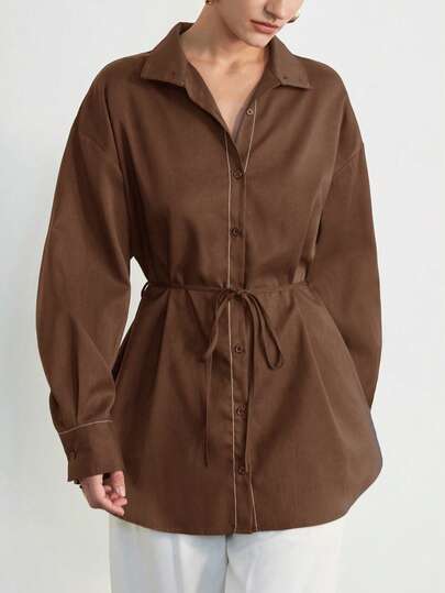 Aveloria Modichic Autumn/Winter New Women's Striped Safari Style Loose Fit Commuter Casual Long Sleeve Lapel Stand Collar Belted Mid-Length Shirt