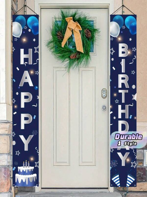 1 مجموعة (2 قطعة) زينة معلقة على الباب "HAPPY BIRTHDAY" باللون الأزرق والفضي للرجال، مستلزمات حفلة عيد الميلاد، لعيد الميلاد ال- 16 وال- 18 وال- 21 وال- 30 وال- 40 وال- 50 وال- 60، ديكور خارجي وداخلي