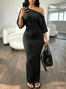Rovax Sexy Asymmetric Neck Ruched Waist Bodycon Long Dress For Women - Black - View 5