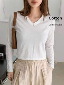 Dazy-Less Spring/Autumn Casual Versatile Solid Color Long Sleeve T-Shirt - White - View 7