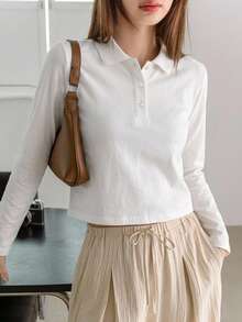 Dazy-Less Camiseta de manga larga de unicolor versátil y casual para primavera/otoño - Blanco - Ver 3