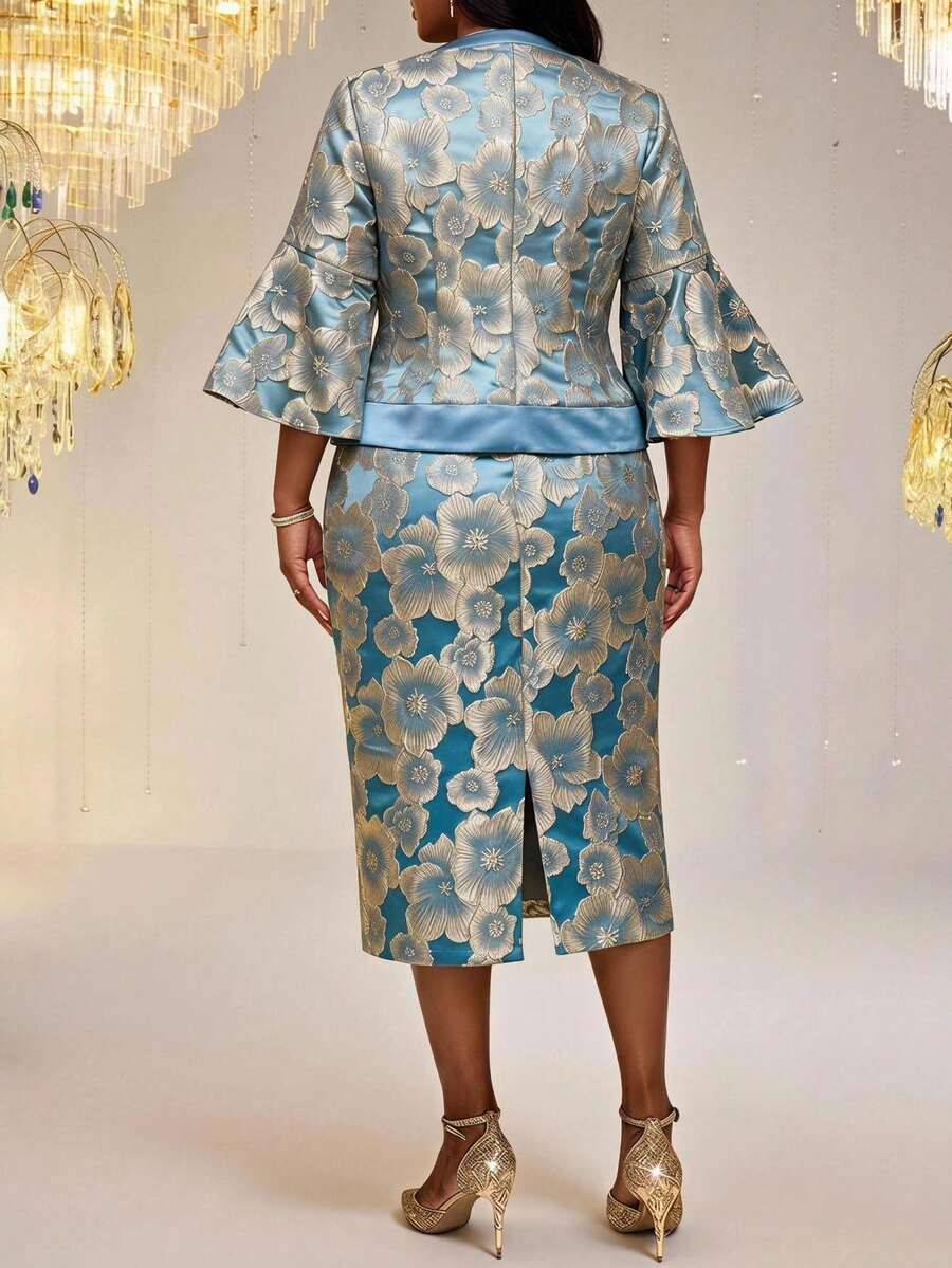 Fleurora Plus Size Elegant Formal Elegant Formal Evening Wedding Jacquard Bell Sleeve Blouse And Dress Two Pieces Set Dusty Blue Autumn Fall - Blue - View 1