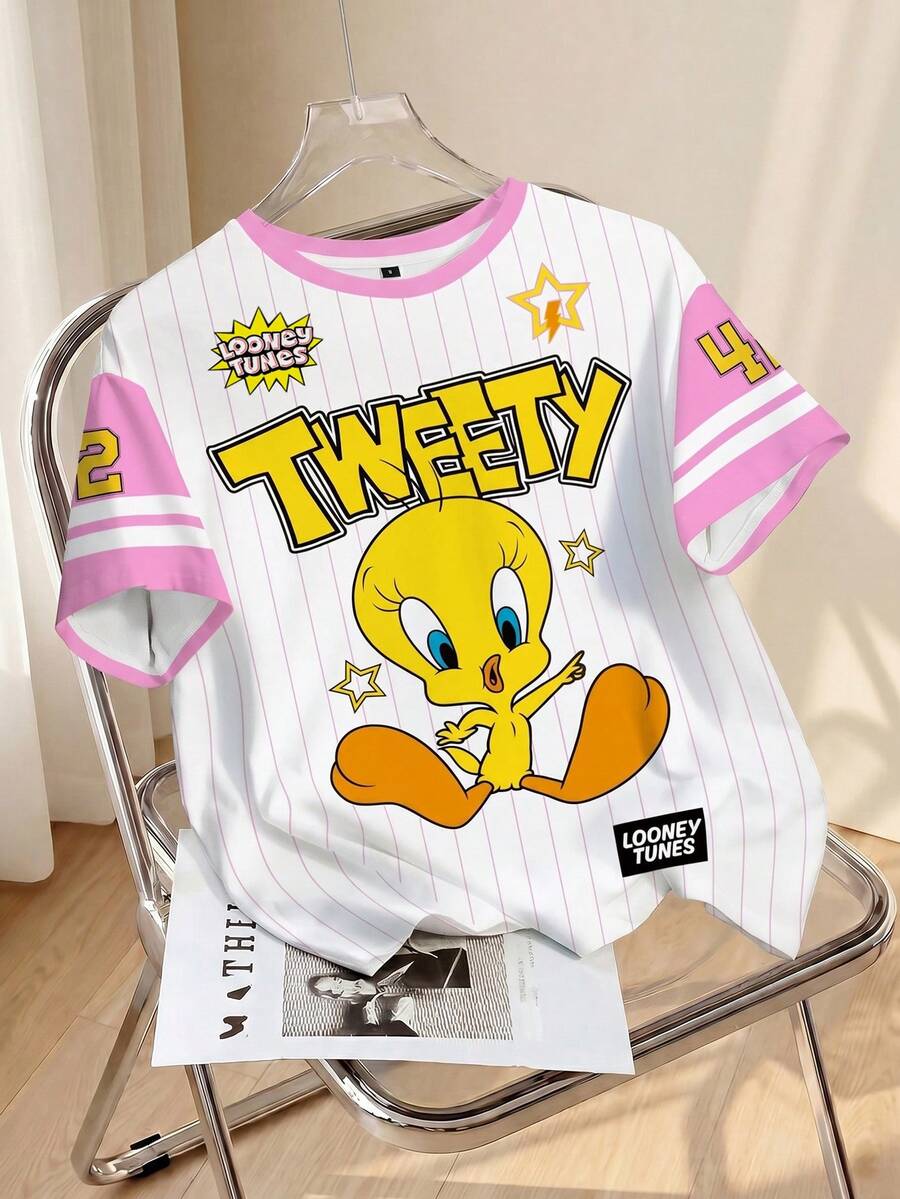 LOONEY TUNES X SHEIN 女士圆领短袖休闲T恤,全印花 - 白色 - 查看 1