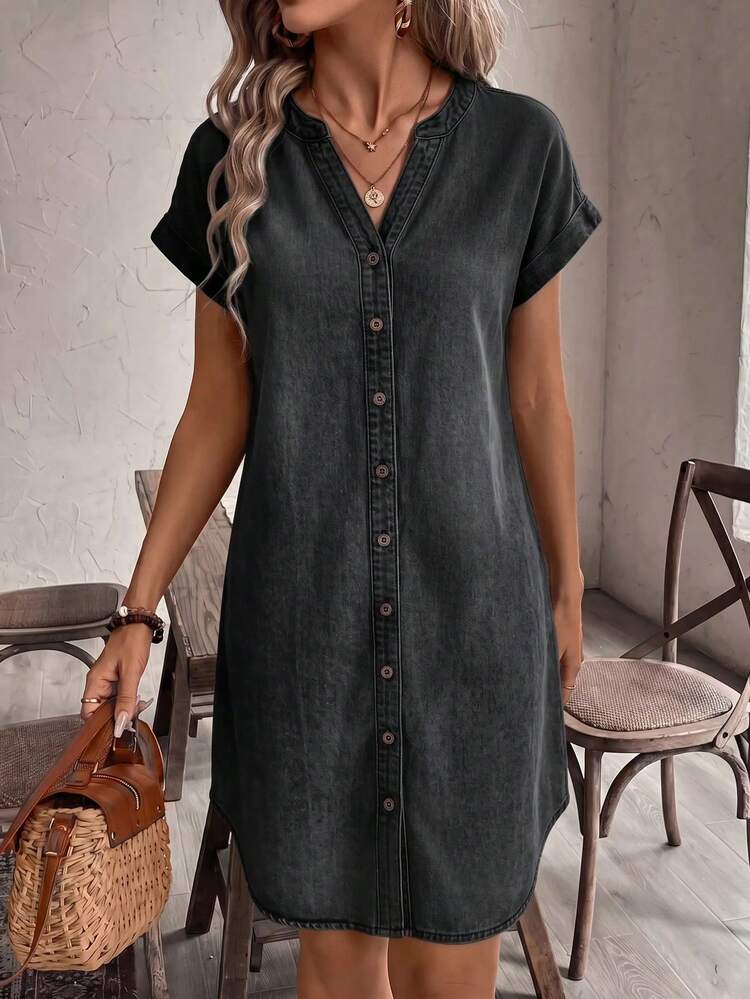 EMERY ROSE EMERY ROSE Women's Summer Casual Front Button Denim Dress - Black - View 3