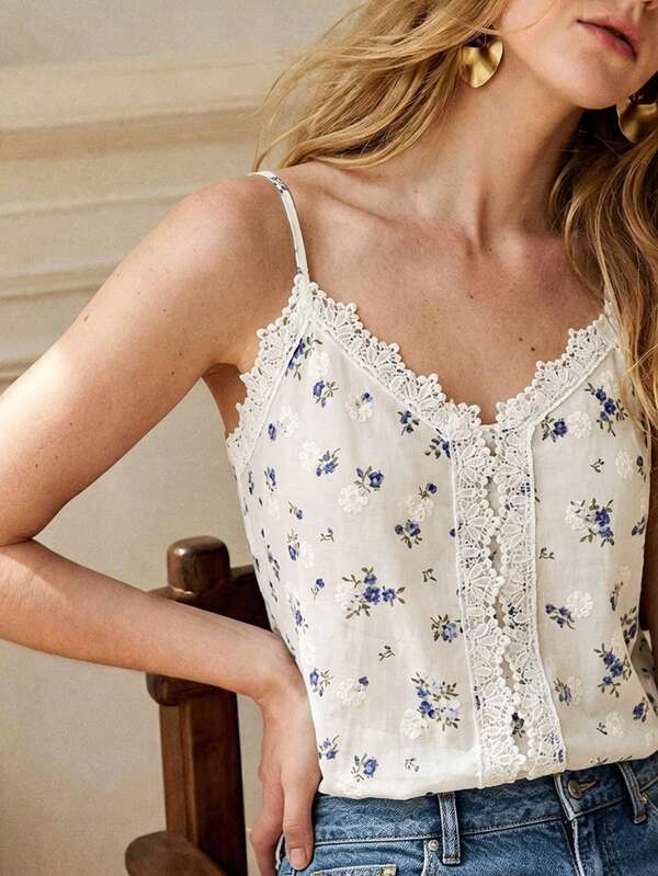 Écloséra Nueva Camiseta de Tirantes Estilo Casual de Vacaciones con Parches de Encaje, Bordado y Tela Texturizada con Estampado Floral Pequeño, Top Versátil y Lindo para Mujer en Primavera y Verano