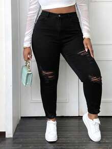 CurvyTilda Plus Size Women's Ripped Slim Fit Jeans Casual Vacation - Black - View 4