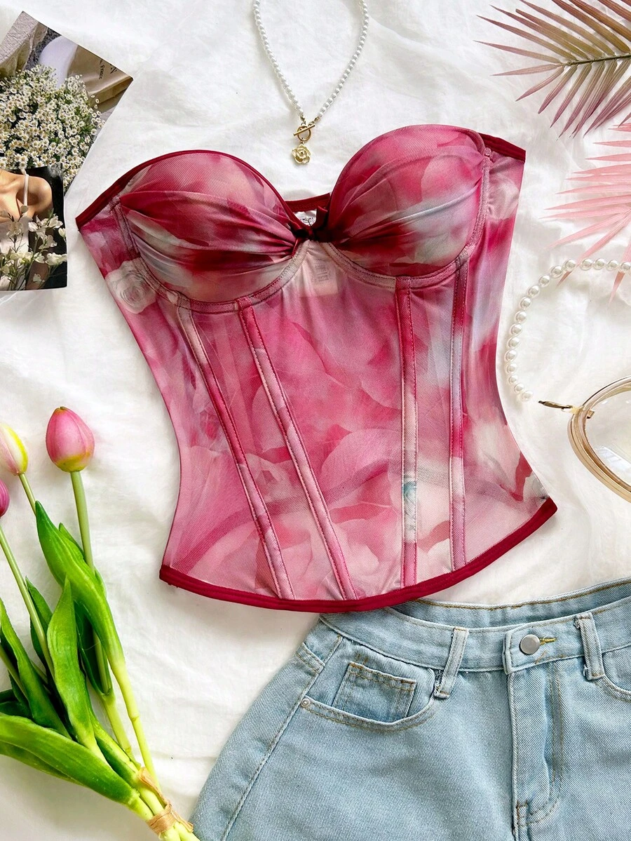 Soleia Ink Wash Gradient Bow Elastic Mesh Ruched Fishbone Bustier - Red - View 1