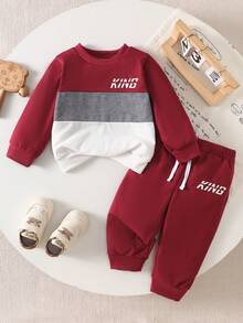 SHEIN 男嬰秋冬長袖套裝，酒紅色，拼接設計，舒適面料，2026時尚服飾 - 酒紅色 - 查看 1