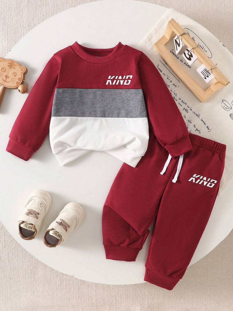 SHEIN 男嬰秋冬長袖套裝,酒紅色,拼接設計,舒適面料,2026時尚服飾 - 酒紅色 - 查看 1
