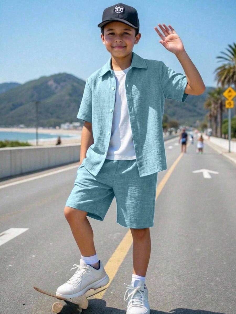 SHEIN 青少年男孩夏季休閒純色襯衫與短褲兩件套 - 綠色 - 查看 1