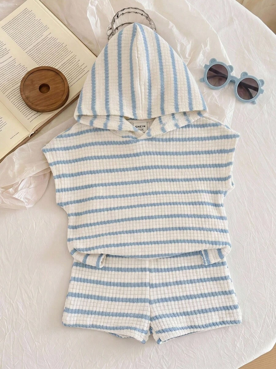 SHEIN 中性嬰兒男/女嬰 2件組 春夏休閒可愛條紋連帽短袖T恤套裝,嬰兒套裝,嬰兒夏季衣著 - 藍白色 - 查看 1