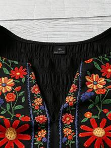 Linhara CURVE 春夏度假休閒通勤優雅大尺碼仿刺繡印花洋裝 - 黑色 - 查看 5
