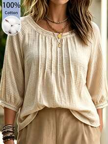 SHEIN LUNE CURVE Plus Size Women's Casual Comfortable Round Neck 3/4 Sleeve Shirt, Summer Fall - Apricot - View 1