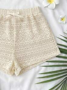 SHEIN Teen Girl Solid Color Jacquard Wavy Hem Hollow Out Casual Shorts,Kids - Apricot - View 4