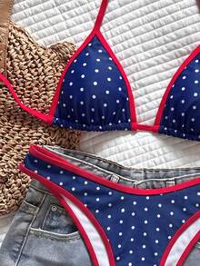 SHEIN Swim 女款 2 件組熱帶可愛性感豹紋掛脖三角比基尼上衣與性感可愛三角比基尼褲套裝 - 彩色 - 查看 4