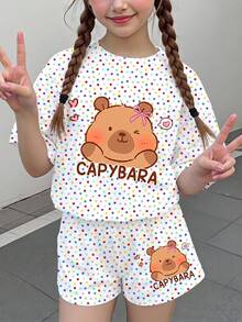 Tween女孩休閒極簡可愛水豚圖案，彩色波點印花，甜奶油風，度假風，短袖上衣與短褲兩件套，適合夏季，圖案設計，舒適，女孩套裝，Y2K，Kawaii - 彩色 - 查看 2
