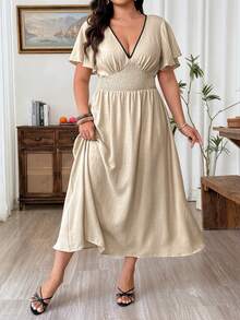 Weeklong Plus Size Women Deep V-Neck Colorblock Pleated Casual Daily Summer Dress Fall - Apricot - View 6