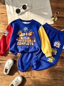 SHEIN | PAW Patrol GraphicGems 小男孩圓領拼色卡通圖案長袖衛衣與運動長褲休閒日常套裝 - 寶藍色 - 查看 3
