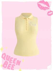 Mean Girls | ROMWE Plus Size Women's Letter Rhinestone Design Polo Collar Sleeveless Top - Yellow - View 1