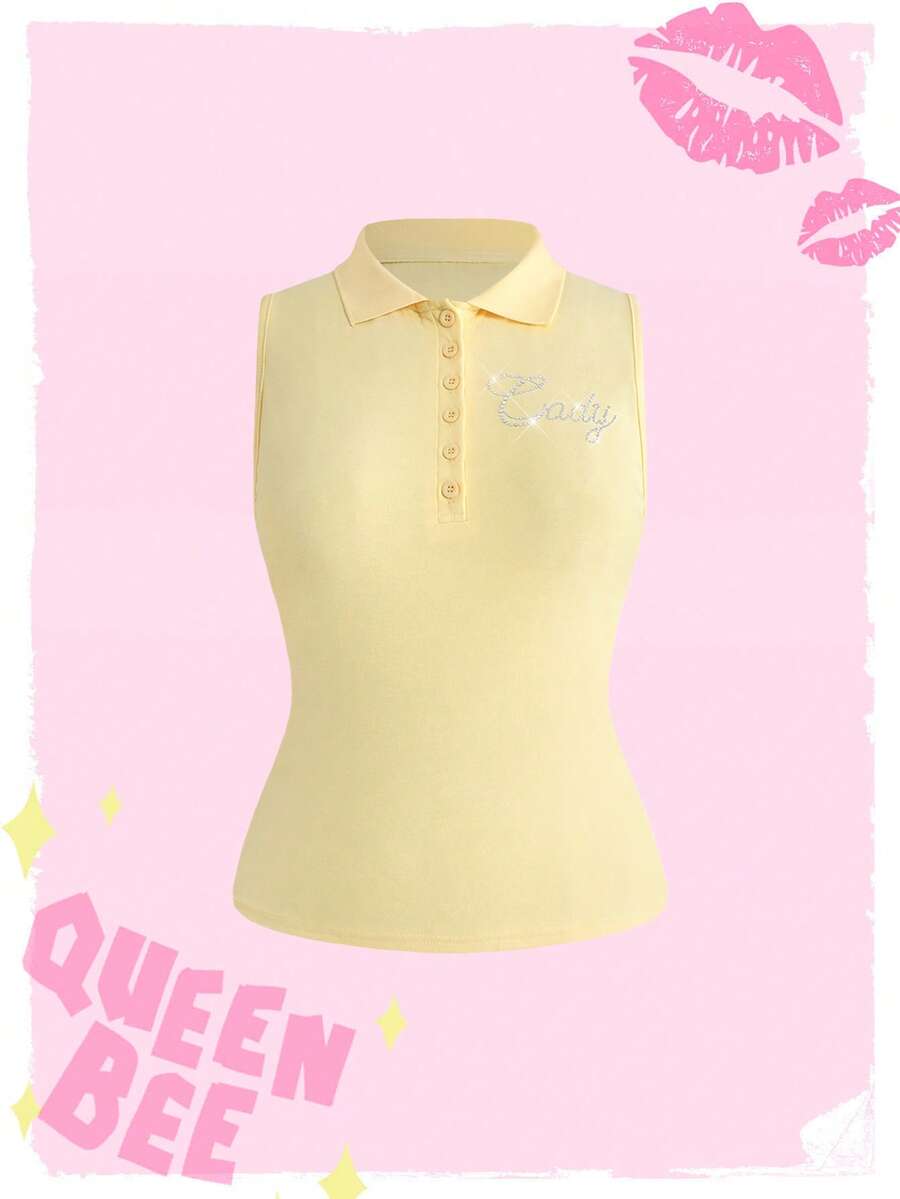 Mean Girls | ROMWE Plus Size Women's Letter Rhinestone Design Polo Collar Sleeveless Top - Yellow - View 1