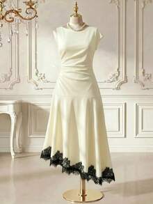 Rometta Damen-Strickkleid in großen Größen für den Sommer, neu, mit weitem Ausschnitt, asymmetrischen kurzen Ärmeln, geraffter Taille, figurschmeichelndem Design, elegant, modisch, sexy und sanft, mit weitem Oberteil, schmalem Saum und Spitzenbesatz, lang, geeignet für Alltag, Lässig, Dates und Treffen - Aprikosenfarben - Übersicht 12